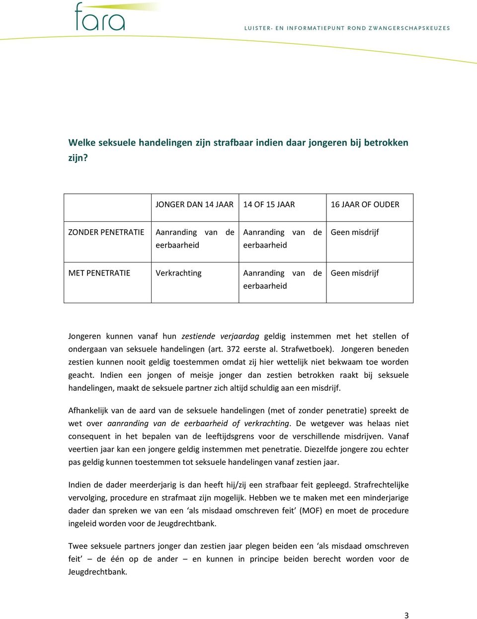 Geen misdrijf Jongeren kunnen vanaf hun zestiende verjaardag geldig instemmen met het stellen of ondergaan van seksuele handelingen (art. 372 eerste al. Strafwetboek).