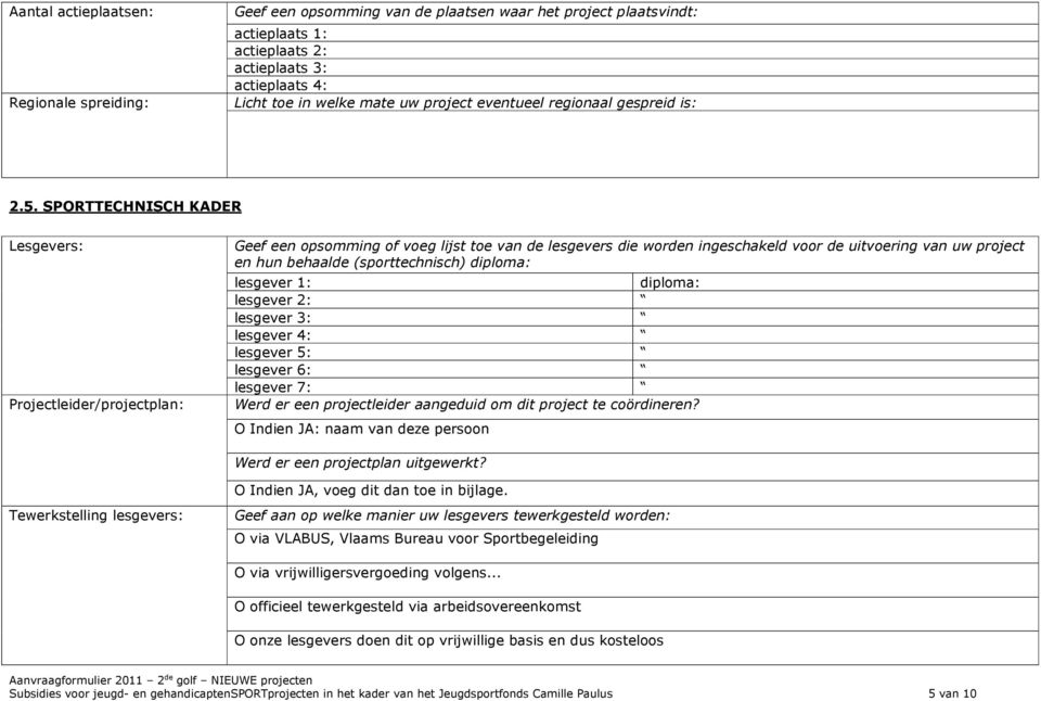 SPORTTECHNISCH KADER Lesgevers: Projectleider/projectplan: Geef een opsomming of voeg lijst toe van de lesgevers die worden ingeschakeld voor de uitvoering van uw project en hun behaalde