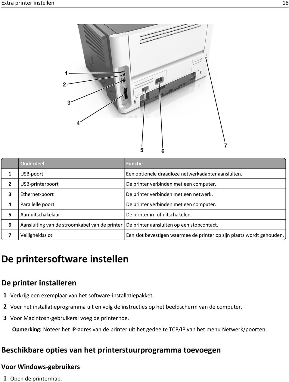 6 Aansluiting van de stroomkabel van de printer De printer aansluiten op een stopcontact. 7 Veiligheidsslot Een slot bevestigen waarmee de printer op zijn plaats wordt gehouden.