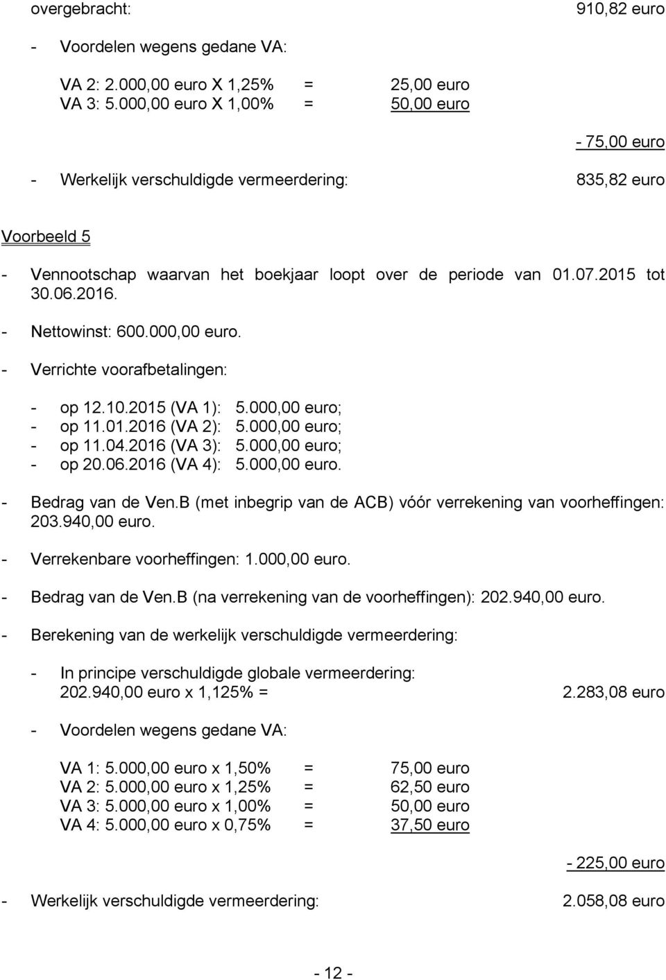 - Nettowinst: 600.000,00 euro. - Verrichte voorafbetalingen: - op 12.10.2015 (VA 1): 5.000,00 euro; - op 11.01.2016 (VA 2): 5.000,00 euro; - op 11.04.2016 (VA 3): 5.000,00 euro; - op 20.06.