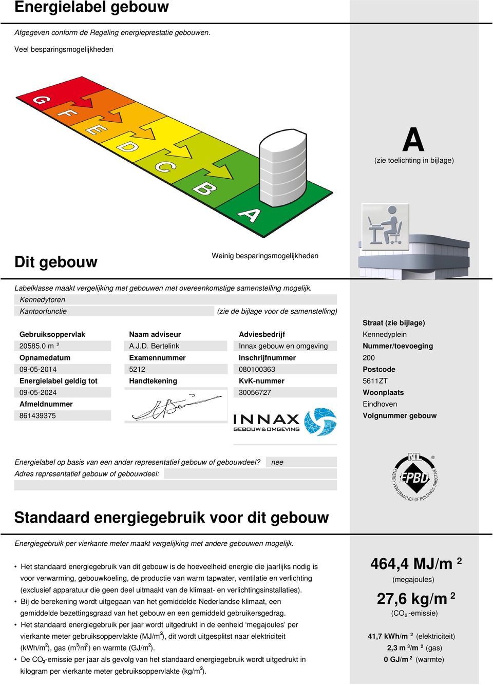 Kennedytoren Kantoorfunctie (zie de bijlage voor de samenstelling) Gebruiksoppervlak 20585.0 m 2 Naam adviseur A.J.D.