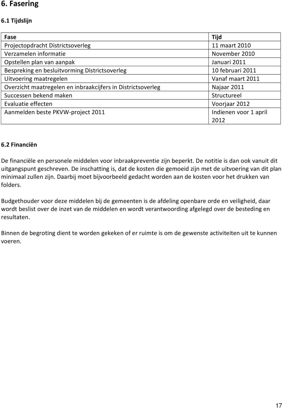 februari 2011 Uitvoering maatregelen Vanaf maart 2011 Overzicht maatregelen en inbraakcijfers in Districtsoverleg Najaar 2011 Successen bekend maken Structureel Evaluatie effecten Voorjaar 2012