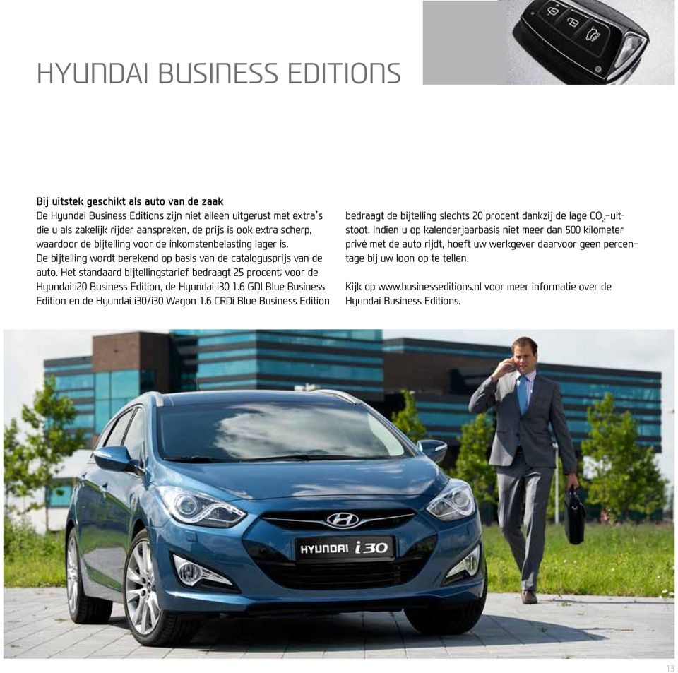 Het standaard bijtellingstarief bedraagt 25 procent; voor de Hyundai i20 Business Edition, de Hyundai i30 1.6 GDI Blue Business Edition en de Hyundai i30/i30 Wagon 1.
