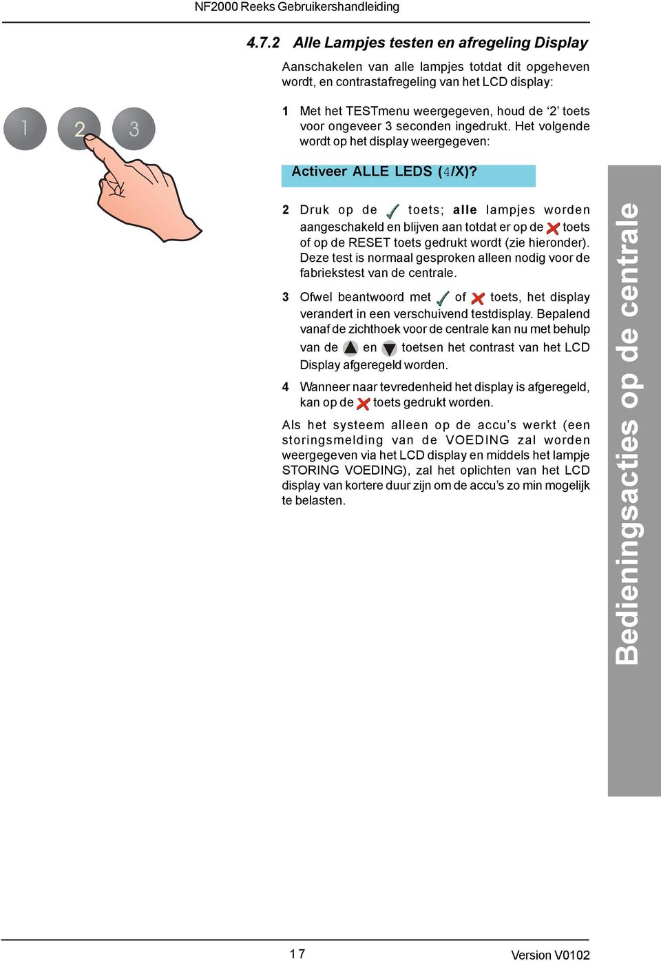 2 Druk op de toets; alle lampjes worden aangeschakeld en blijven aan totdat er op de toets of op de RESET toets gedrukt wordt (zie hieronder).