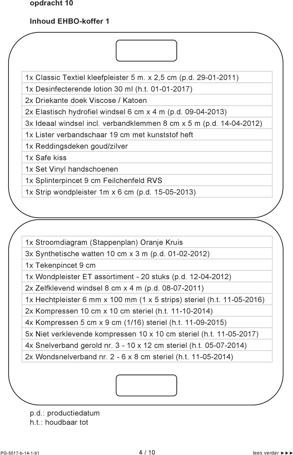 1x Splinterpincet 9 cm Feilchenfeld RVS 1x Strip wondpleister 1m x 6 cm (p.d. 15-05-2013) 1x Stroomdiagram (Stappenplan) Oranje Kruis 3x Synthetische watten 10 cm x 3 m (p.d. 01-02-2012) 1x Tekenpincet 9 cm 1x Wondpleister ET assortiment - 20 stuks (p.