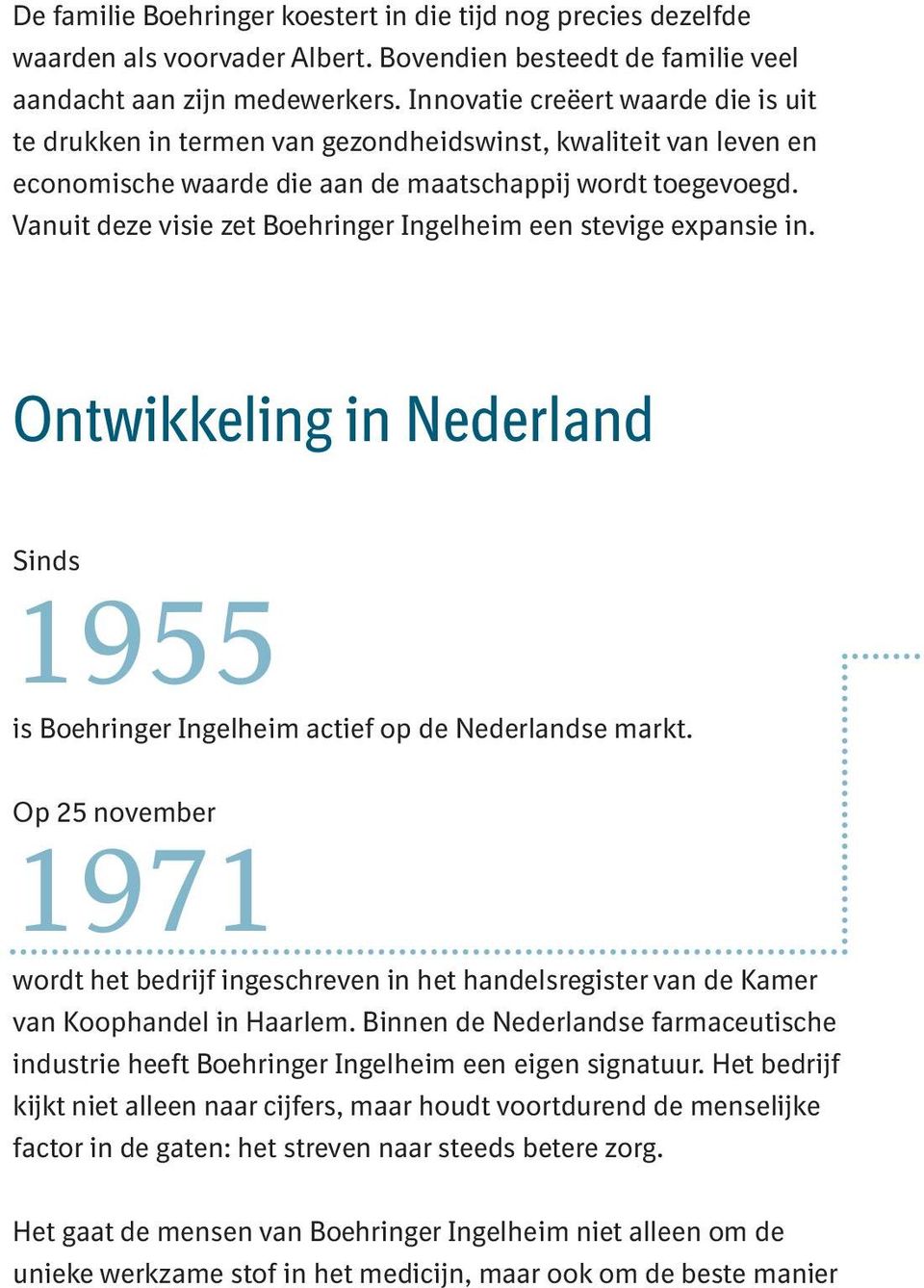 Vanuit deze visie zet Boehringer Ingelheim een stevige expansie in. Ontwikkeling in Nederland Sinds 1955 is Boehringer Ingelheim actief op de Nederlandse markt.