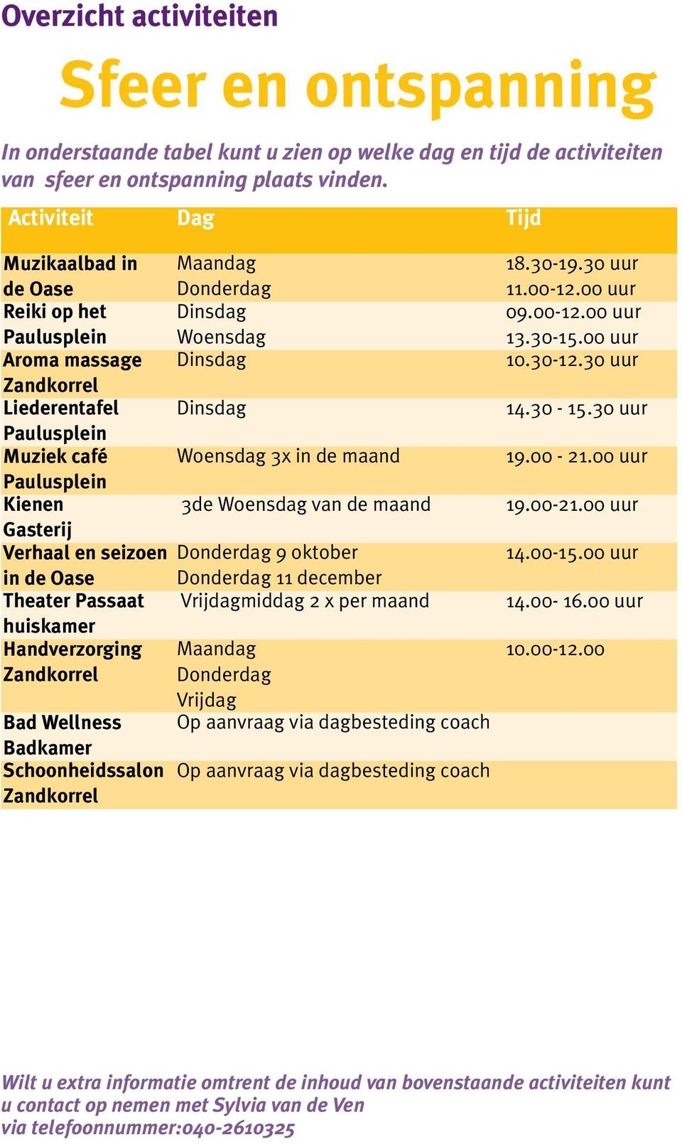 Woensdag van de maand Gasterij Verhaal en seizoen Donderdag 9 oktober in de Oase Donderdag 11 december Theater Passaat Vrijdagmiddag 2 x per maand huiskamer Handverzorging Maandag Zandkorrel