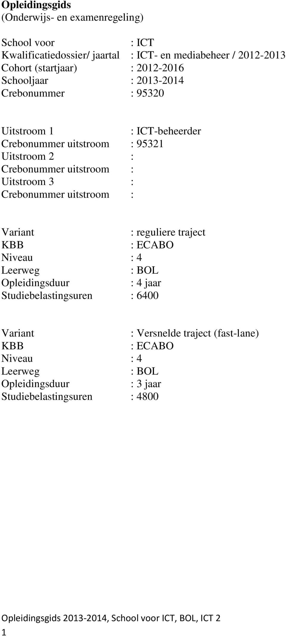 Crebonummer uitstroom : Variant : reguliere traject KBB : ECABO Niveau : 4 Leerweg : BOL Opleidingsduur : 4 jaar Studiebelastingsuren : 6400 Variant :