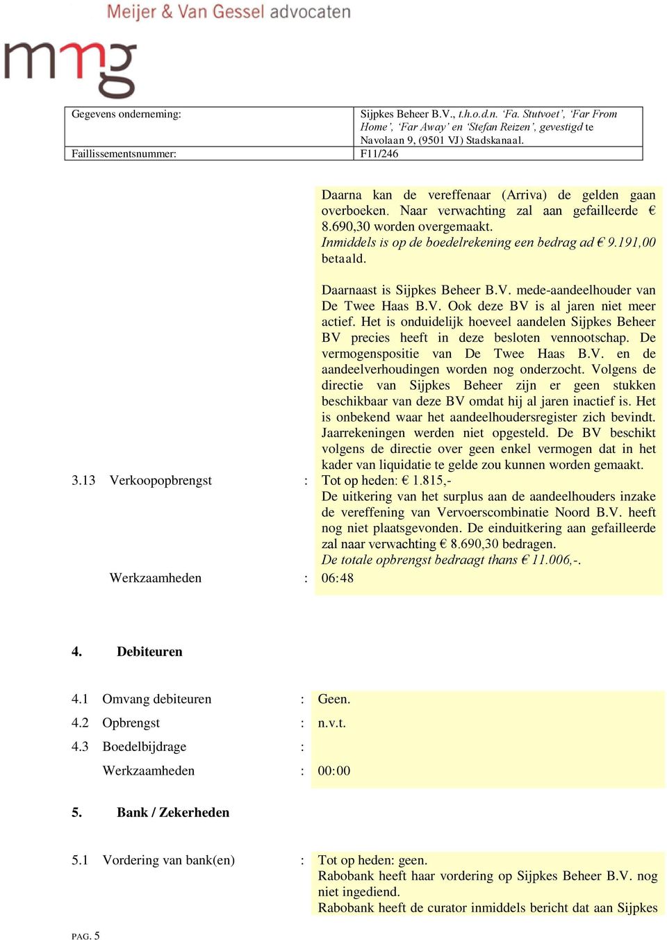 Het is onduidelijk hoeveel aandelen Sijpkes Beheer BV precies heeft in deze besloten vennootschap. De vermogenspositie van De Twee Haas B.V. en de aandeelverhoudingen worden nog onderzocht.