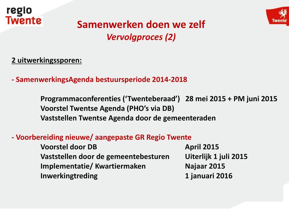 Twentse Agenda door de gemeenteraden - Voorbereiding nieuwe/ aangepaste GR Regio Twente Voorstel door DB April 2015