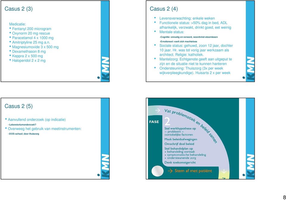 Levensverwachting: enkele weken Functionele status: >50% dag in bed, ADL afhankelijk, verzwakt, drinkt goed, eet weinig Mentale status: -Cognitie: onrustig en verward, woordvind-stoornissen