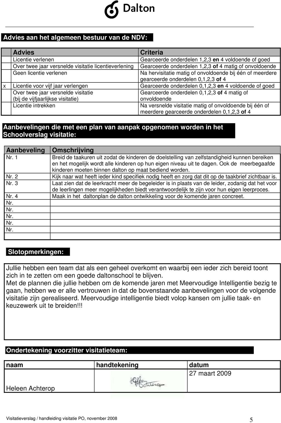 Gearceerde onderdelen 0,1,2,3 en 4 voldoende of goed Over twee jaar versnelde visitatie (bij de vijfjaarlijkse visitatie) Gearceerde onderdelen 0,1,2,3 of 4 matig of onvoldoende Licentie intrekken Na