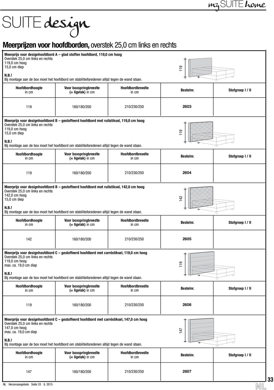 210/230/250 2604 Meerprijs voor designhoofdbord B gestoffeerd hoofdbord met ruitstiksel, 142,0 cm hoog Overstek 25,0 cm links en rechts 142,0 cm hoog 15,0 cm diep 142 (= ligvlak) 142 160/180/200