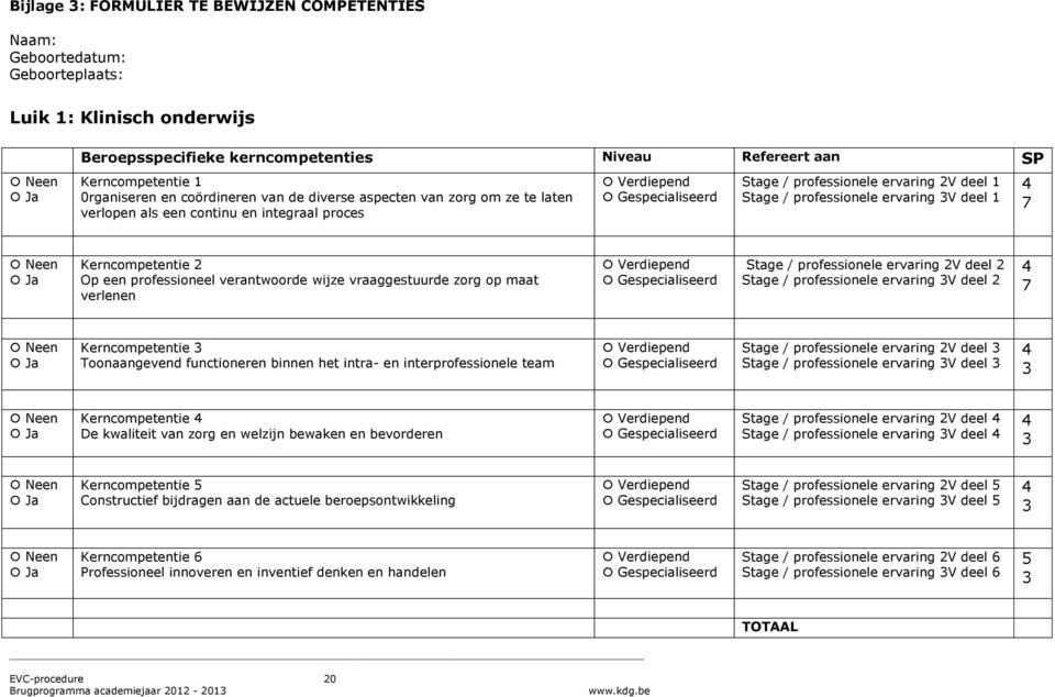 professionele ervaring 3V deel 1 4 7 Neen Ja Kerncompetentie 2 Op een professioneel verantwoorde wijze vraaggestuurde zorg op maat verlenen Verdiepend Gespecialiseerd Stage / professionele ervaring