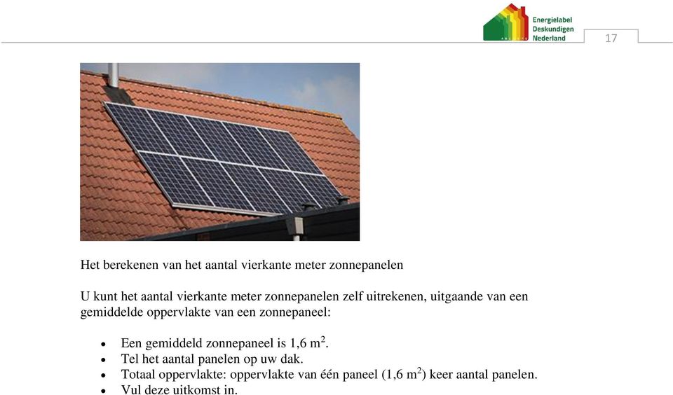 zonnepaneel: Een gemiddeld zonnepaneel is 1,6 m 2. Tel het aantal panelen op uw dak.