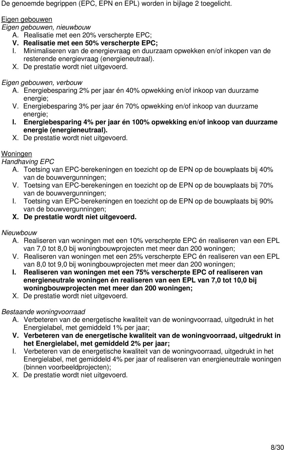 Eigen gebouwen, verbouw A. Energiebesparing 2% per jaar én 40% opwekking en/of inkoop van duurzame energie; V. Energiebesparing 3% per jaar én 70% opwekking en/of inkoop van duurzame energie; I.