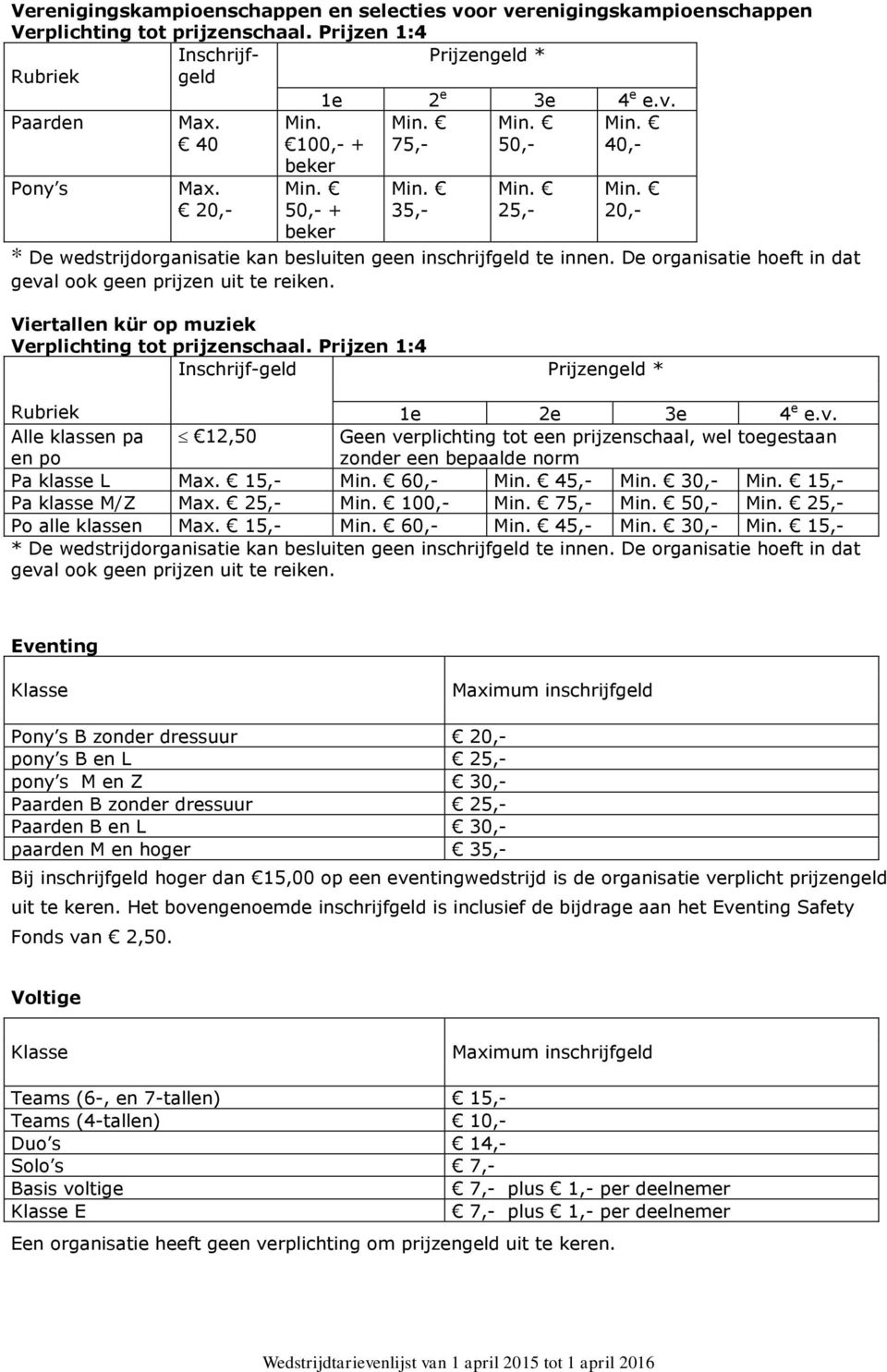 Viertallen kür op muziek Verplichting tot prijzenschaal. Prijzen 1:4 Inschrijf-geld * Rubriek 1e 2e 3e 4 e e.v.