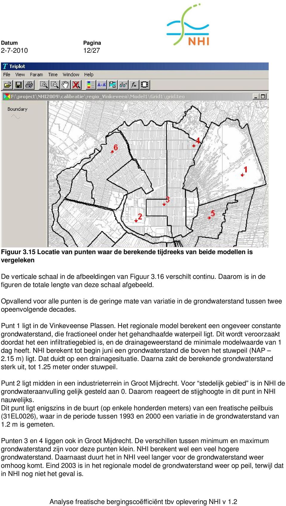 Punt 1 ligt in de Vinkeveense Plassen. Het regionale model berekent een ongeveer constante grondwaterstand, die fractioneel onder het gehandhaafde waterpeil ligt.