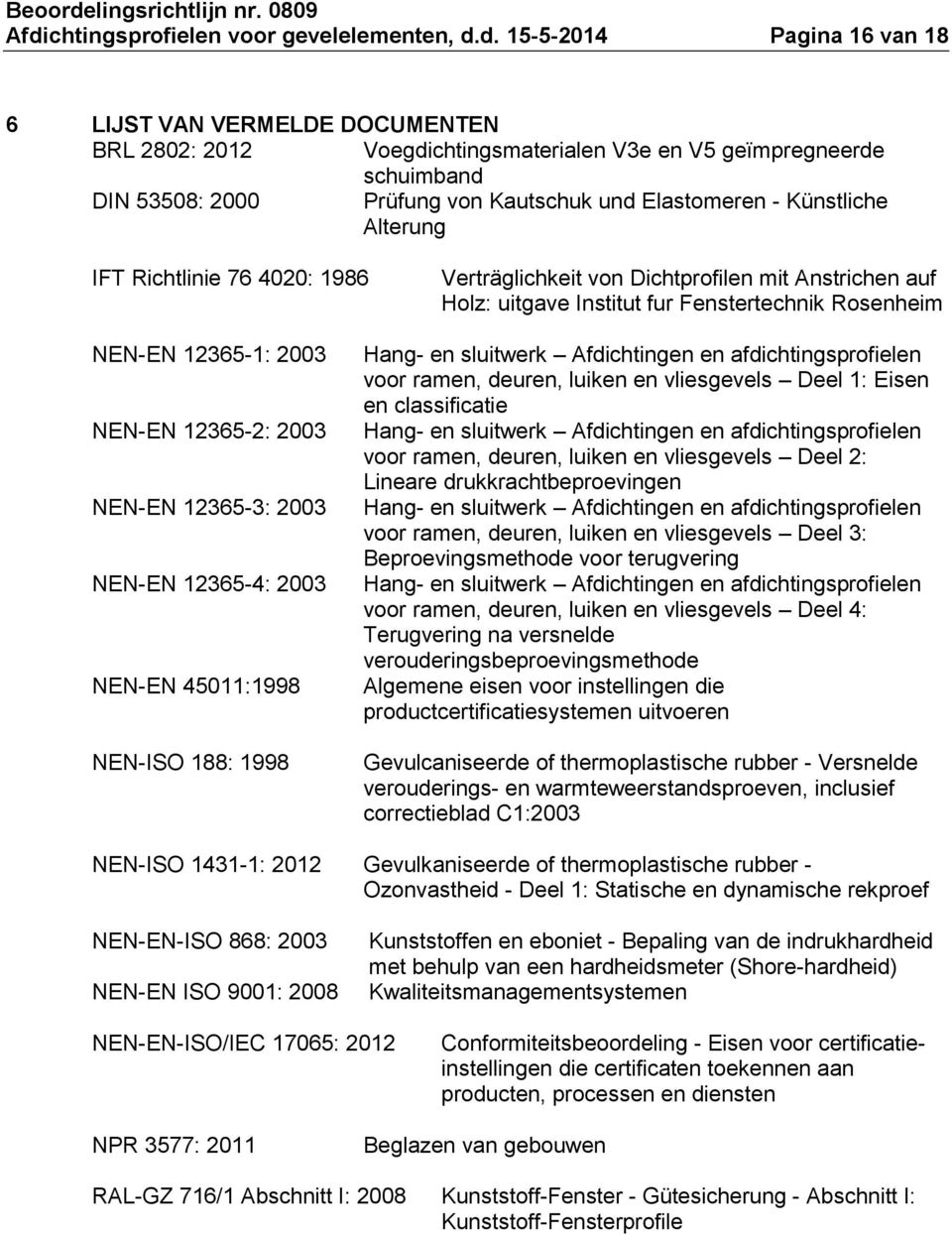 NEN-EN 12365-1: 2003 NEN-EN 12365-2: 2003 NEN-EN 12365-3: 2003 NEN-EN 12365-4: 2003 NEN-EN 45011:1998 NEN-ISO 188: 1998 Hang- en sluitwerk Afdichtingen en afdichtingsprofielen voor ramen, deuren,