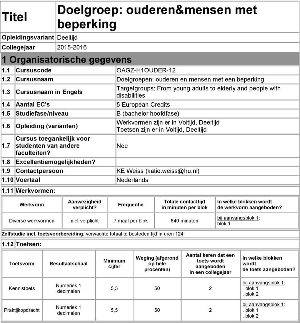 5 Studiefase/niveau B (bachelor hoofdfase) 1.6 Opleiding (varianten) Werkvormen zijn er in Voltijd, Deeltijd Toetsen zijn er in Voltijd, Deeltijd 1.