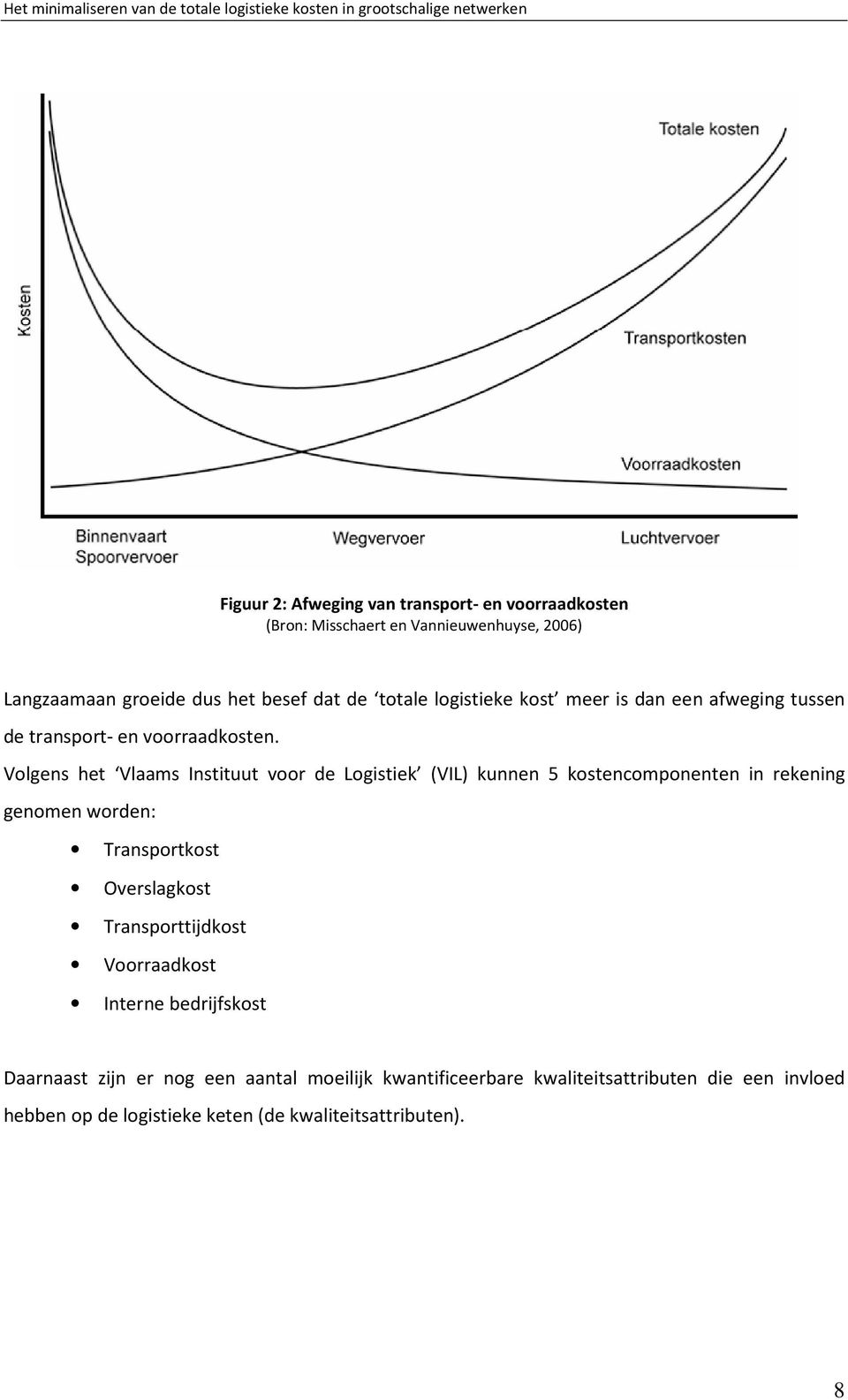 Volgens het Vlaams Instituut voor de Logistiek (VIL) kunnen 5 kostencomponenten in rekening genomen worden: Transportkost Overslagkost