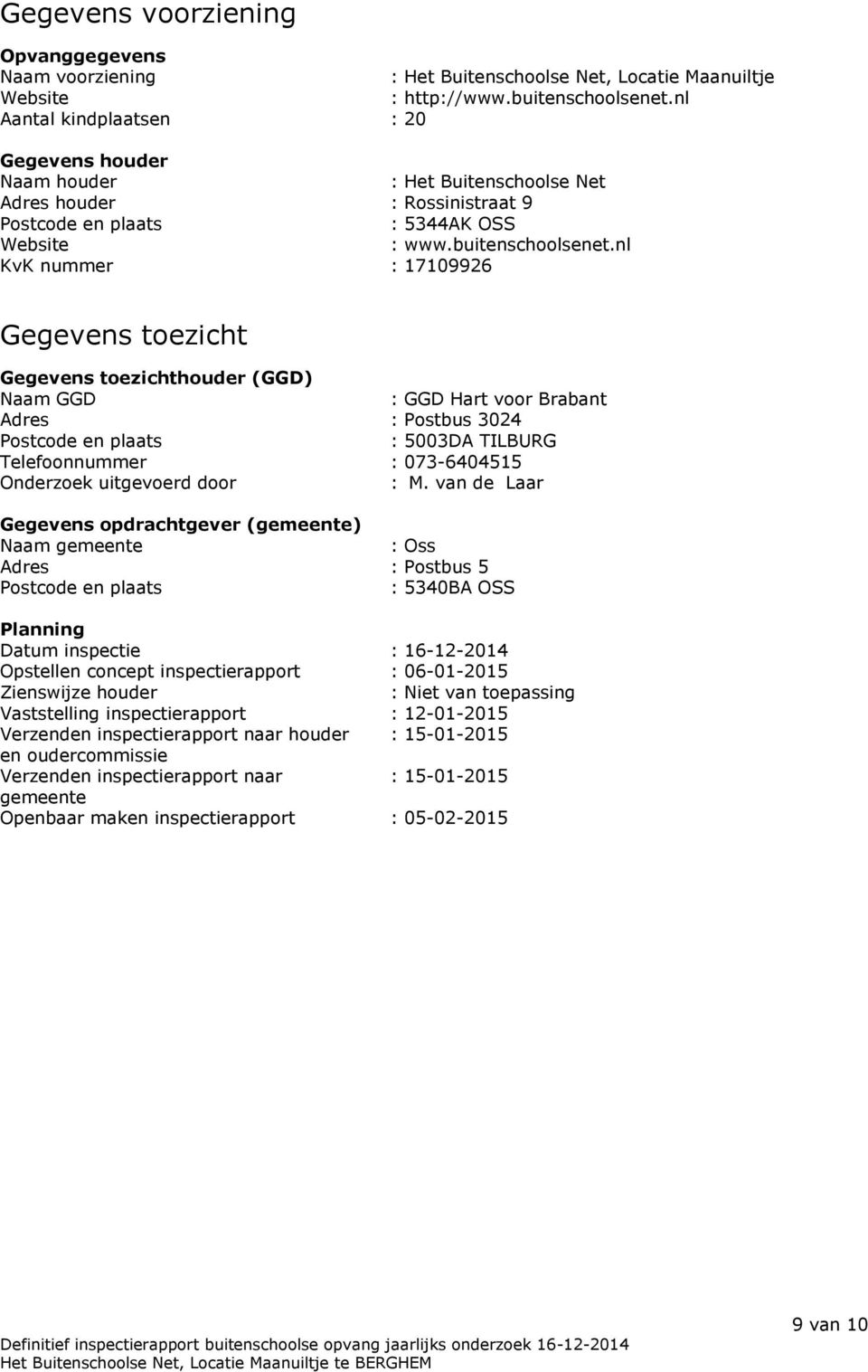 nl KvK nummer : 17109926 Gegevens toezicht Gegevens toezichthouder (GGD) Naam GGD : GGD Hart voor Brabant Adres : Postbus 3024 Postcode en plaats : 5003DA TILBURG Telefoonnummer : 073-6404515