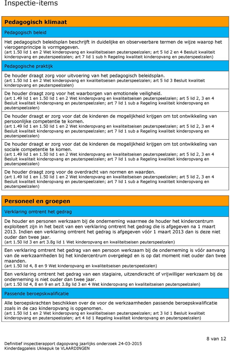 peuterspeelzalen) Pedagogische praktijk De houder draagt zorg voor uitvoering van het pedagogisch beleidsplan. (art 1.