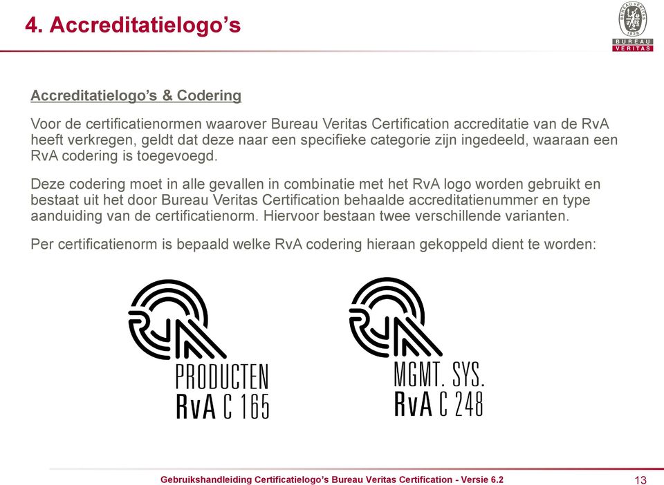 Deze codering moet in alle gevallen in combinatie met het RvA logo worden gebruikt en bestaat uit het door Bureau Veritas Certification behaalde