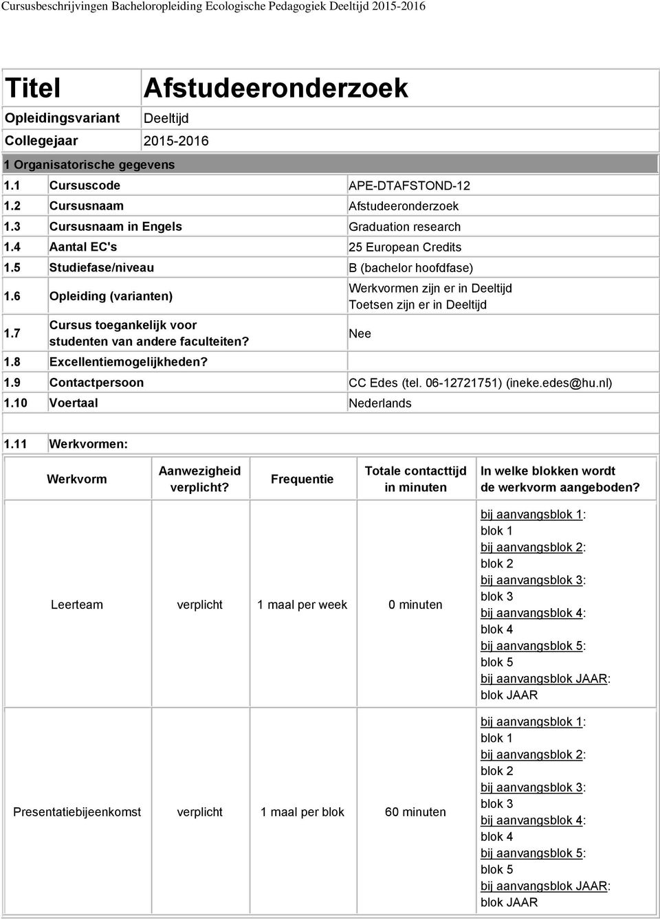 7 Cursus toegankelijk voor studenten van andere faculteiten? 1.8 Excellentiemogelijkheden? Werkvormen zijn er in Deeltijd Toetsen zijn er in Deeltijd 1.9 Contactpersoon CC Edes (tel.