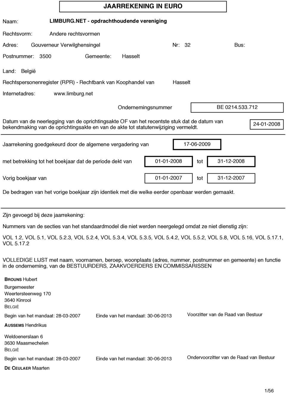 Koophandel van Hasselt Internetadres: www.limburg.net Ondernemingsnummer BE 0214.533.