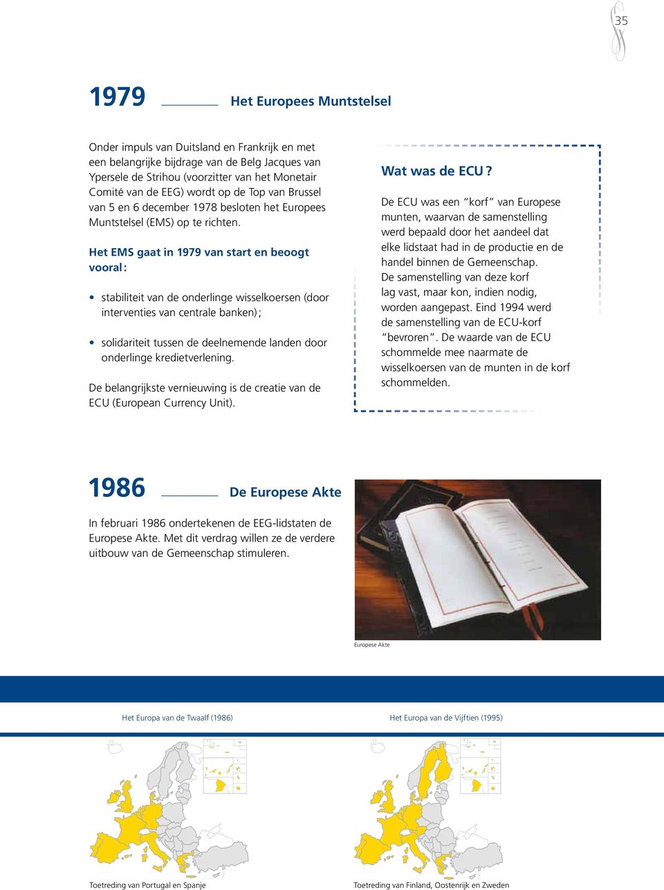 Het EMS gaat in 1979 van start en beoogt vooral : stabiliteit van de onderlinge wisselkoersen (door interventies van centrale banken) ; solidariteit tussen de deelnemende landen door onderlinge