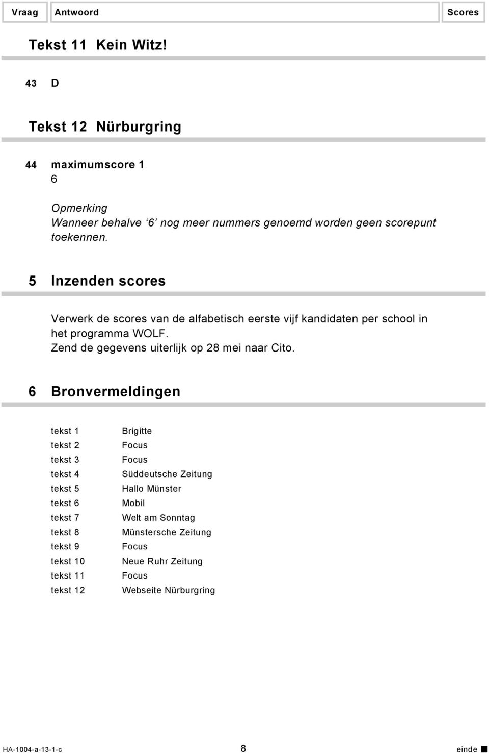 5 Inzenden scores Verwerk de scores van de alfabetisch eerste vijf kandidaten per school in het programma WOLF. Zend de gegevens uiterlijk op 28 mei naar Cito.