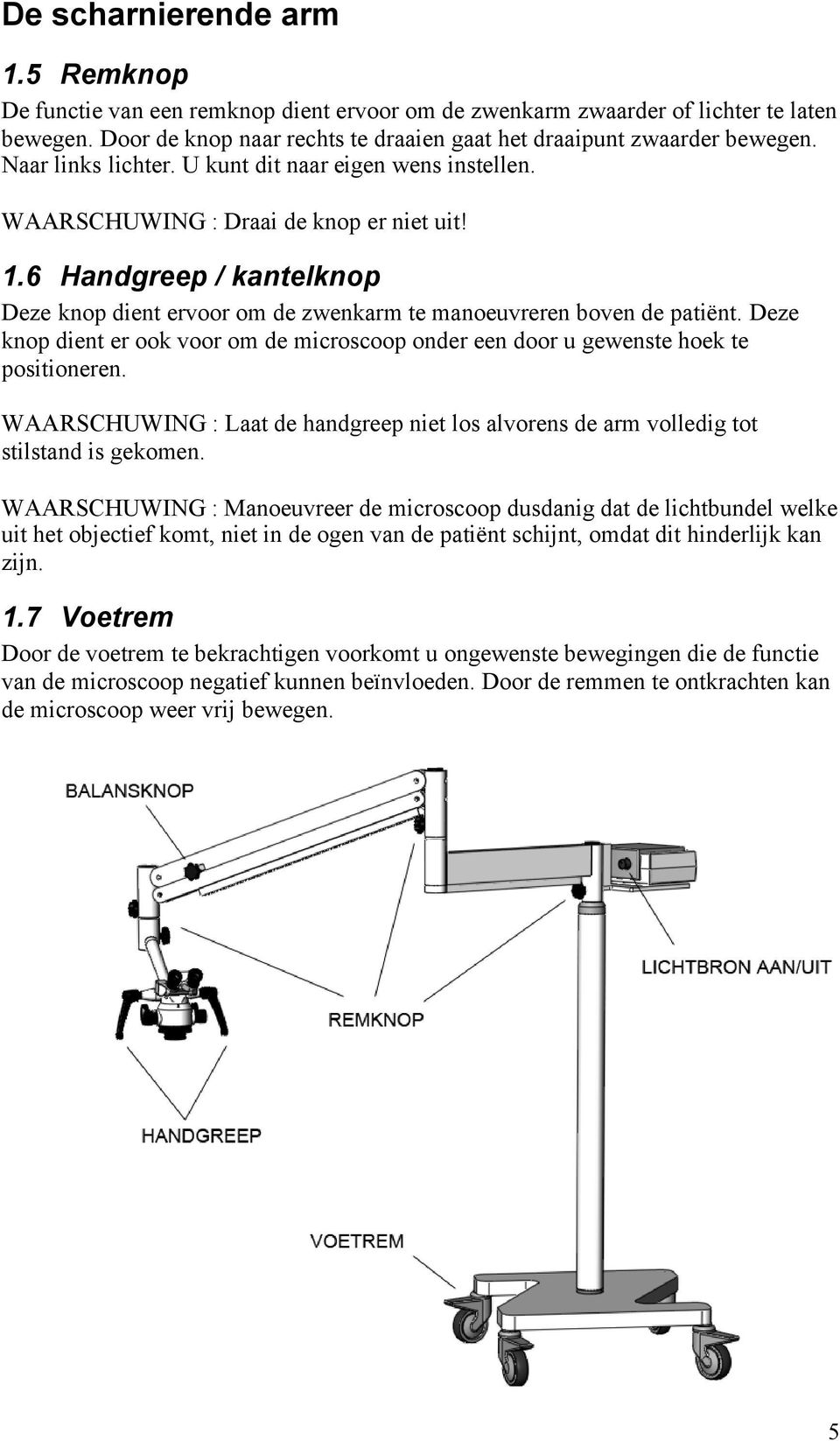 Deze knop dient er ook voor om de microscoop onder een door u gewenste hoek te positioneren. WAARSCHUWING : Laat de handgreep niet los alvorens de arm volledig tot stilstand is gekomen.