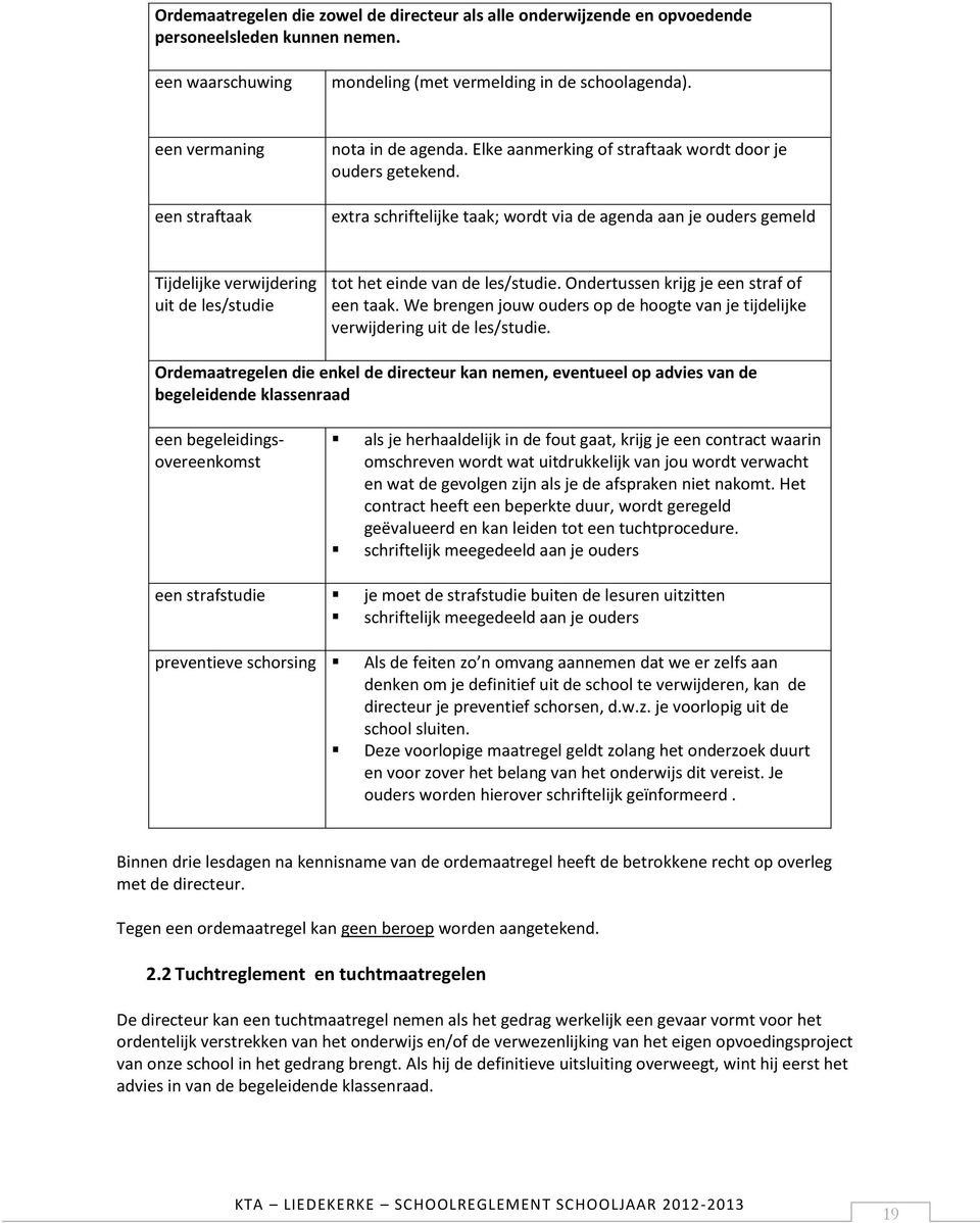 extra schriftelijke taak; wordt via de agenda aan je ouders gemeld Tijdelijke verwijdering uit de les/studie tot het einde van de les/studie. Ondertussen krijg je een straf of een taak.