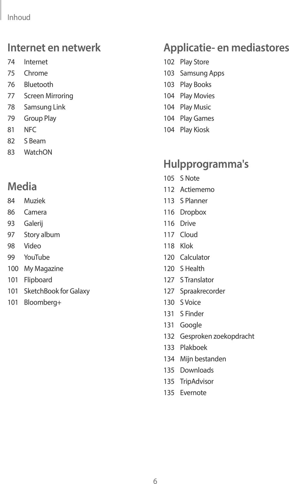 104 Play Movies 104 Play Music 104 Play Games 104 Play Kiosk Hulpprogramma's 105 S Note 112 Actiememo 113 S Planner 116 Dropbox 116 Drive 117 Cloud 118 Klok 120 Calculator 120 S