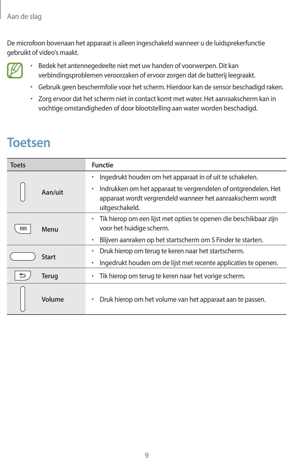 Zorg ervoor dat het scherm niet in contact komt met water. Het aanraakscherm kan in vochtige omstandigheden of door blootstelling aan water worden beschadigd.