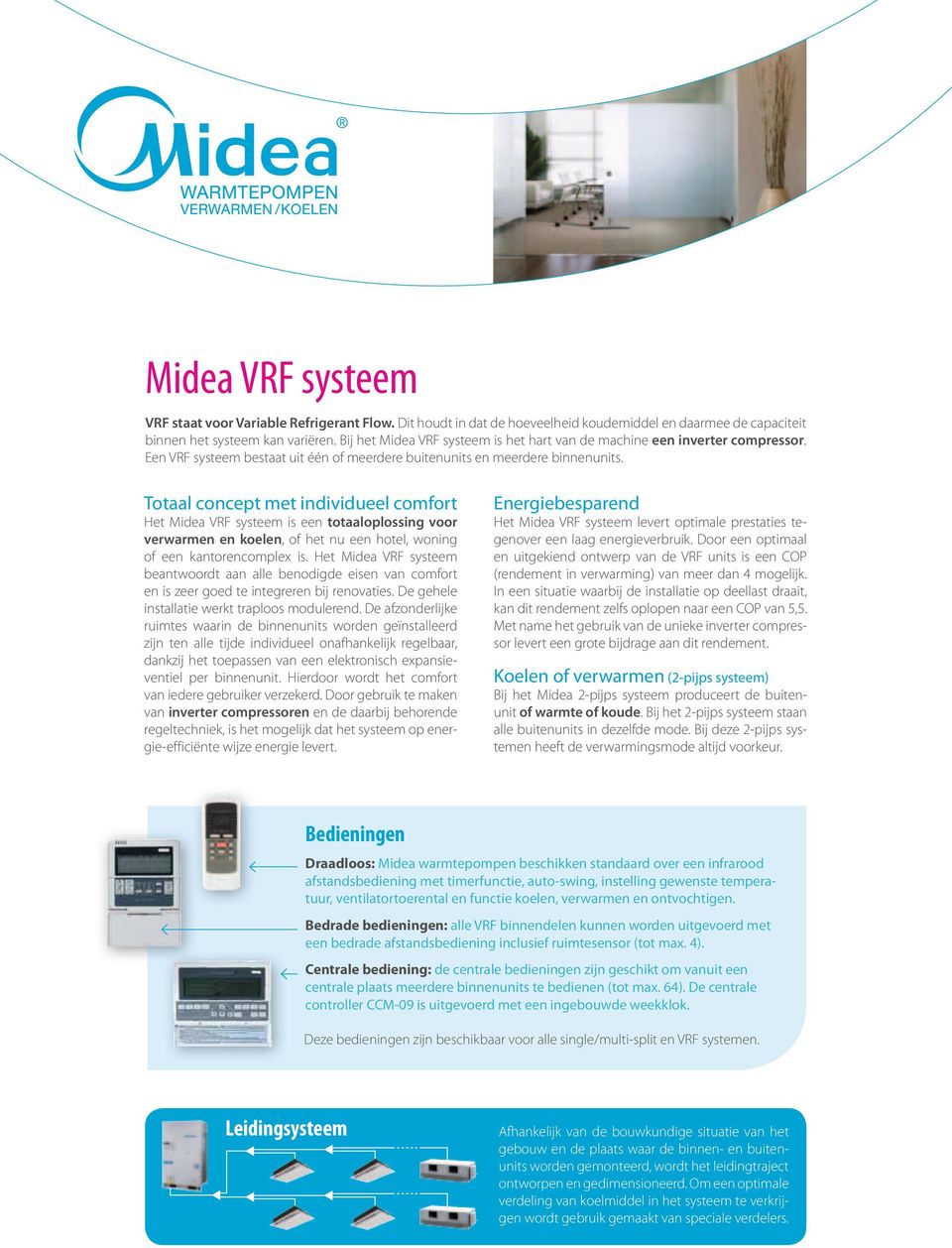 Totaal concept met individueel comfort Het Midea VRF systeem is een totaaloplossing voor verwarmen en koelen, of het nu een hotel, woning of een kantorencomplex is.