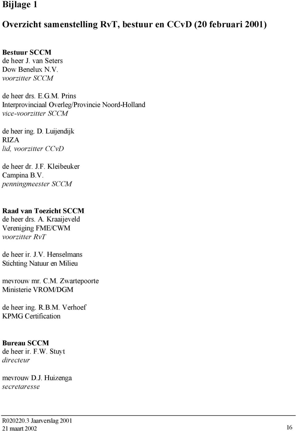 J.F. Kleibeuker Campina B.V. penningmeester SCCM Raad van Toezicht SCCM de heer drs. A. Kraaijeveld Vereniging FME/CWM voorzitter RvT de heer ir. J.V. Henselmans Stichting Natuur en Milieu mevrouw mr.