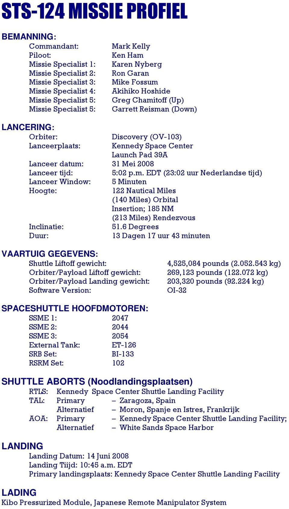31 Mei 2008 Lanceer tijd: 5:02 p.m. EDT (23:02 uur Nederlandse tijd) Lanceer Window: 5 Minuten Hoogte: 122 Nautical Miles (140 Miles) Orbital Insertion; 185 NM (213 Miles) Rendezvous Inclinatie: 51.