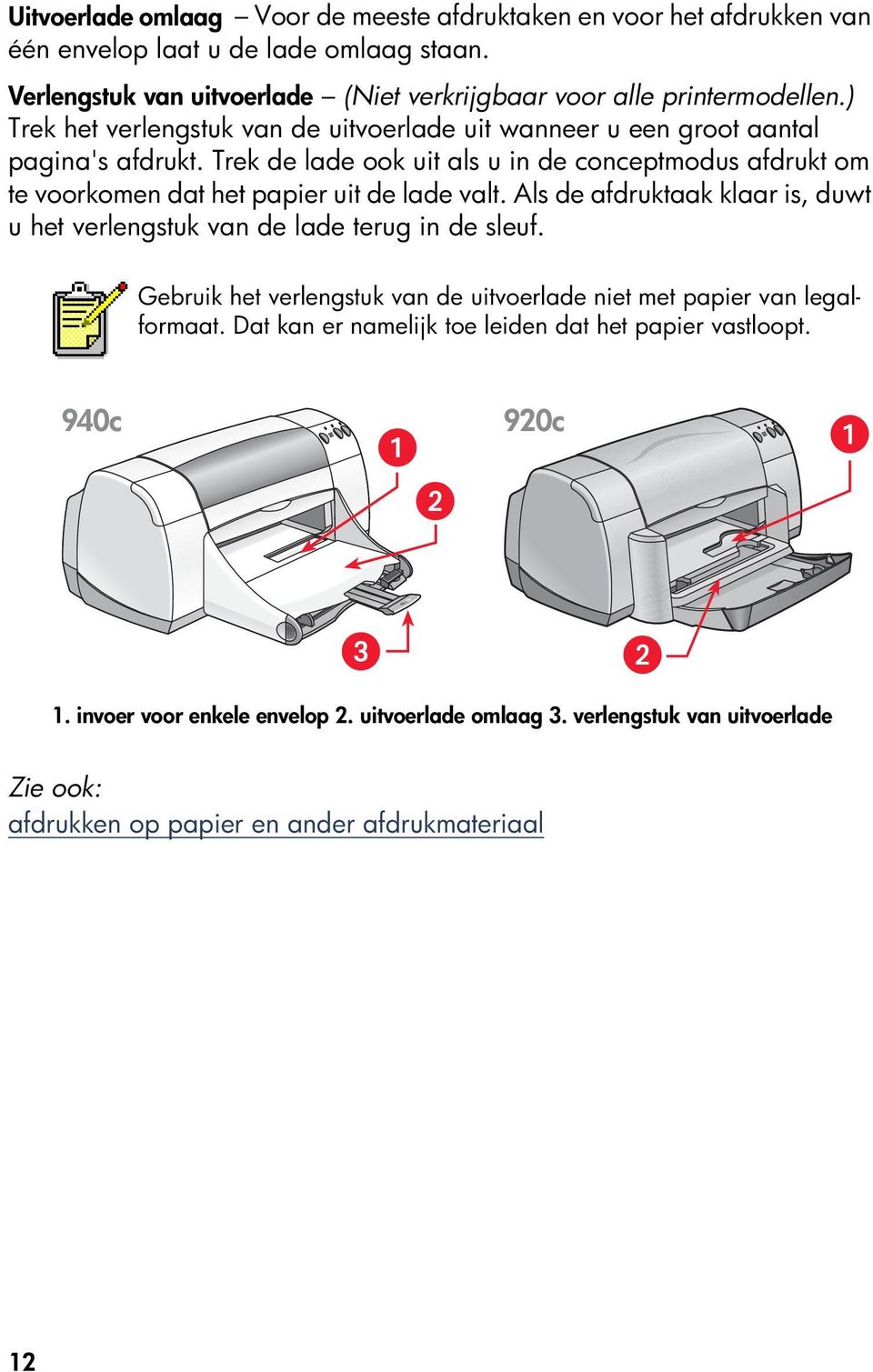 Trek de lade ook uit als u in de conceptmodus afdrukt om te voorkomen dat het papier uit de lade valt. Als de afdruktaak klaar is, duwt u het verlengstuk van de lade terug in de sleuf.