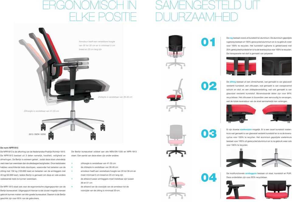 Het kunststof rugframe is gefabriceerd met 25% gerecycled kunststof en is na de levenscyclus voor 100% te recyclen. De transparante net stof is gemaakt van polyester.