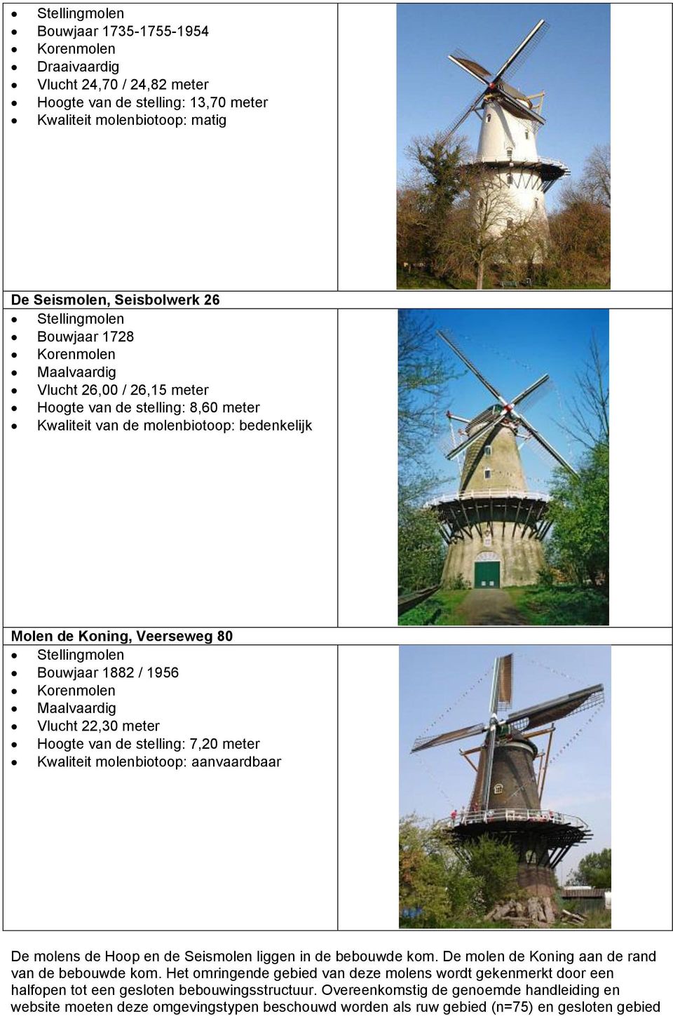 Vlucht 22,30 meter Hoogte van de stelling: 7,20 meter Kwaliteit molenbiotoop: aanvaardbaar De molens de Hoop en de Seismolen liggen in de bebouwde kom.