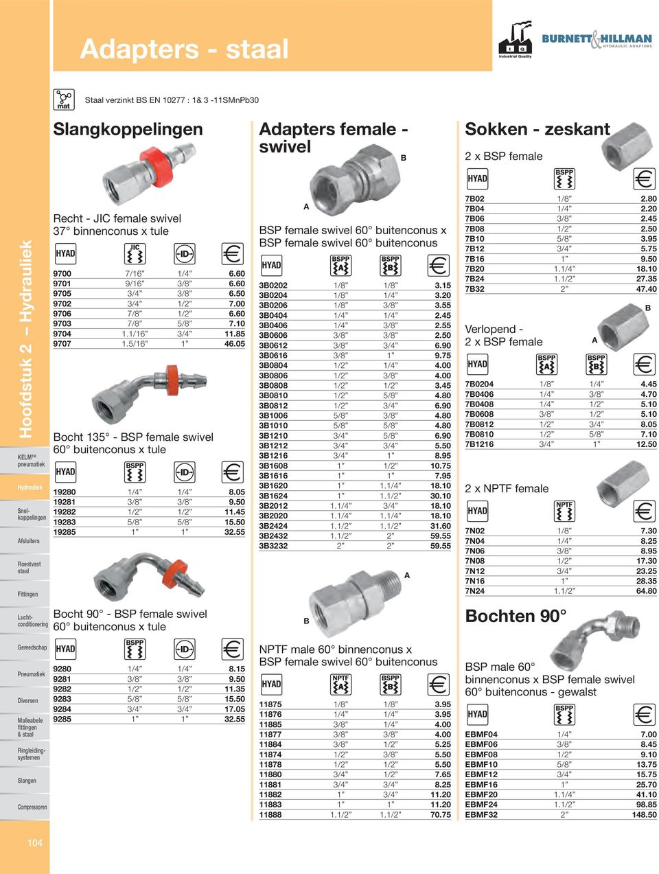 45 19283 5/8 5/8 15.50 19285 1 1 32.55 Bocht 90 - BSP female swivel 60 buitenconus x tule HYAD 9280 1/4 1/4 8.15 9281 3/8 3/8 9.50 9282 1/2 1/2 11.35 9283 5/8 5/8 15.50 9284 3/4 3/4 17.05 9285 1 1 32.