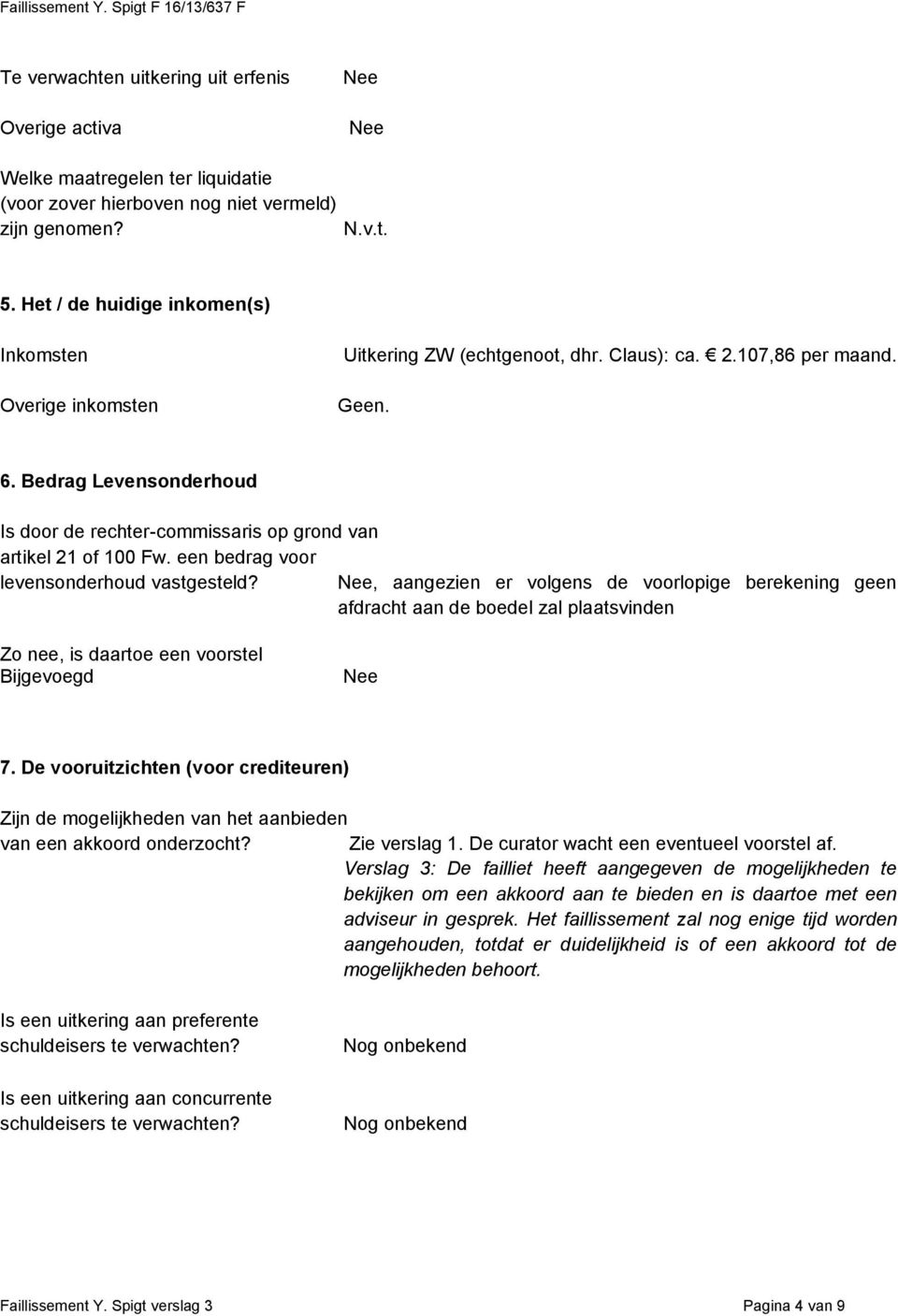 Bedrag Levensonderhoud Is door de rechter-commissaris op grond van artikel 21 of 100 Fw. een bedrag voor levensonderhoud vastgesteld?