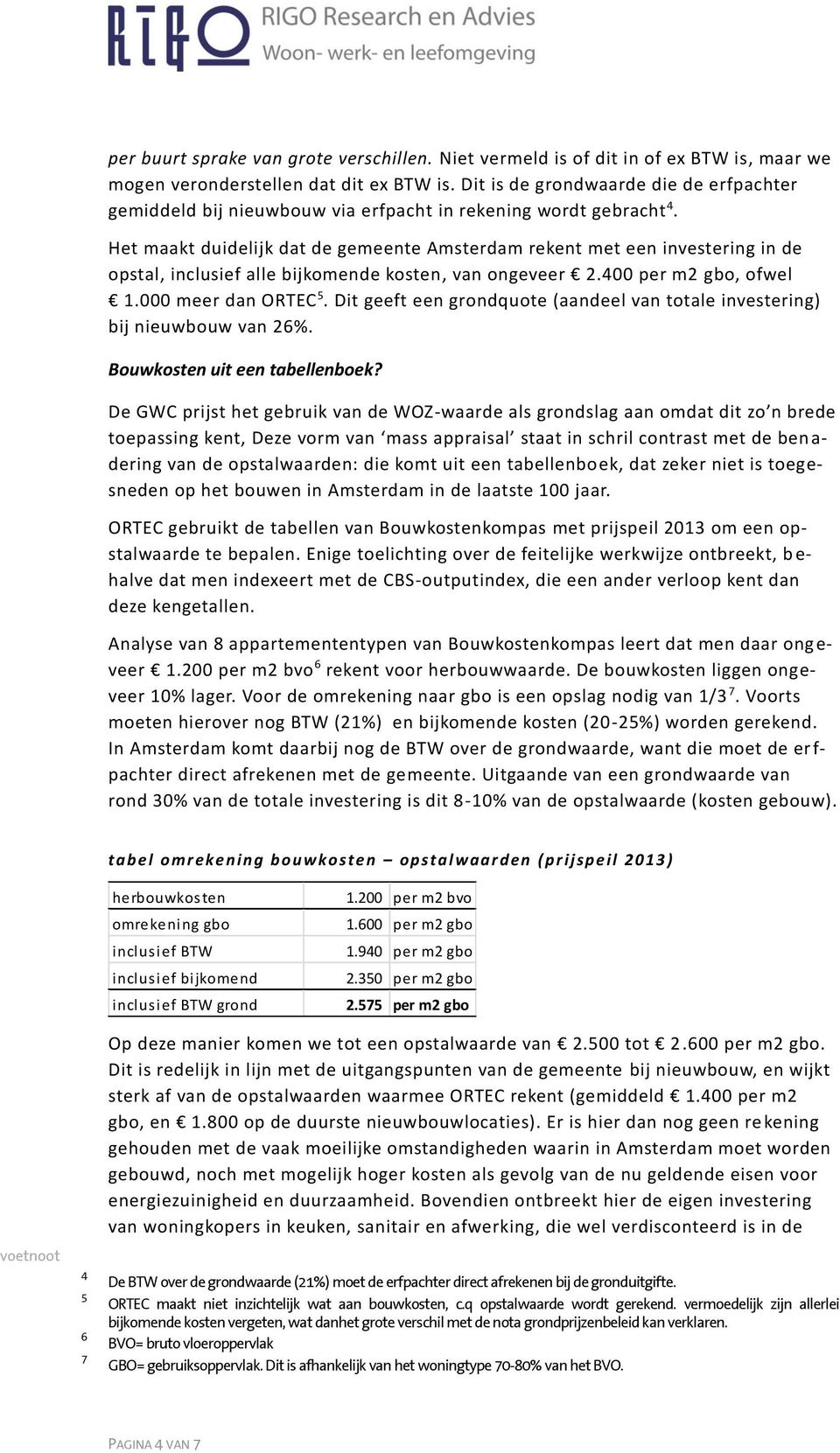 Het maakt duidelijk dat de gemeente Amsterdam rekent met een investering in de opstal, inclusief alle bijkomende kosten, van ongeveer 2.400 per m2 gbo, ofwel 1.000 meer dan ORTEC 5.