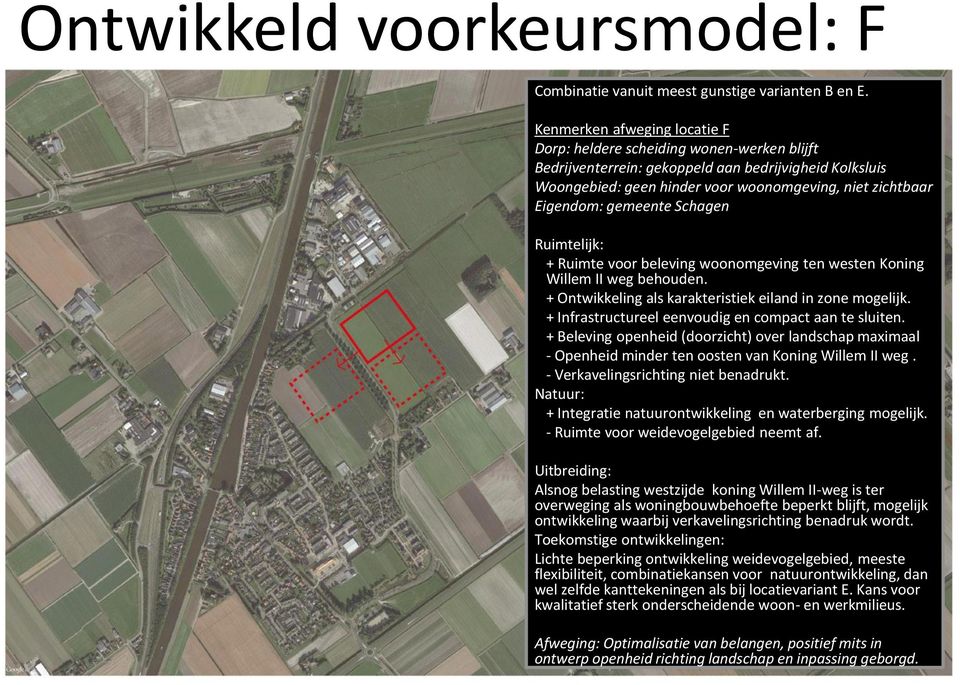 gemeente Schagen Ruimtelijk: + Ruimte voor beleving woonomgeving ten westen Koning Willem II weg behouden. + Ontwikkeling als karakteristiek eiland in zone mogelijk.