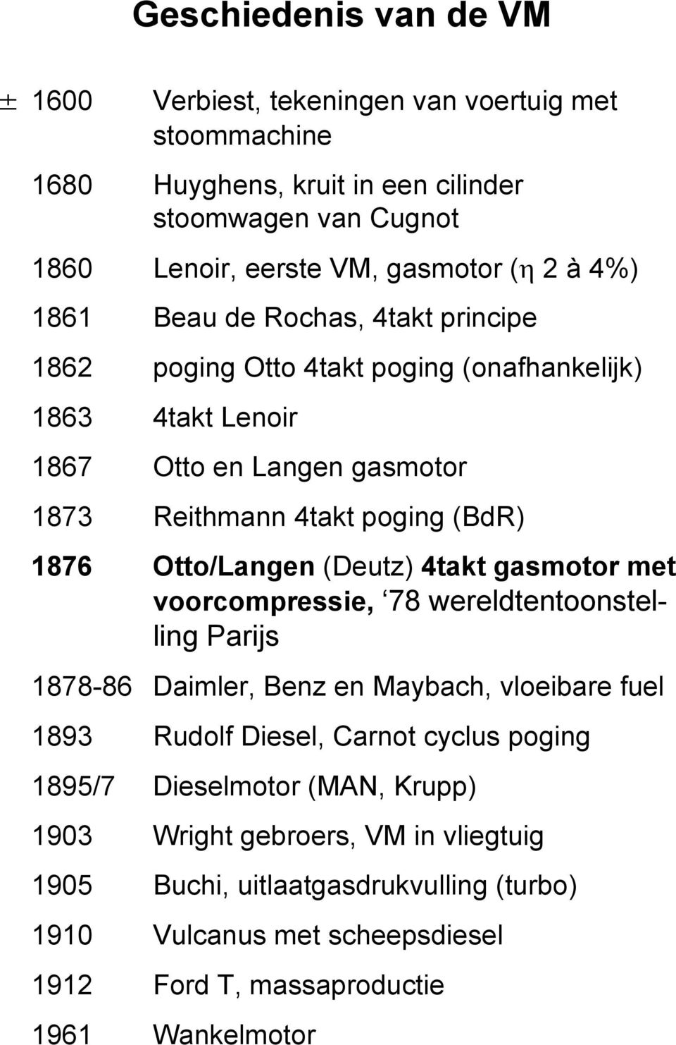 Otto/Langen (Deutz) 4takt gasmotor met voorcompressie, 78 wereldtentoonstelling Parijs 1878-86 Daimler, Benz en Maybach, vloeibare fuel 1893 Rudolf Diesel, Carnot cyclus poging