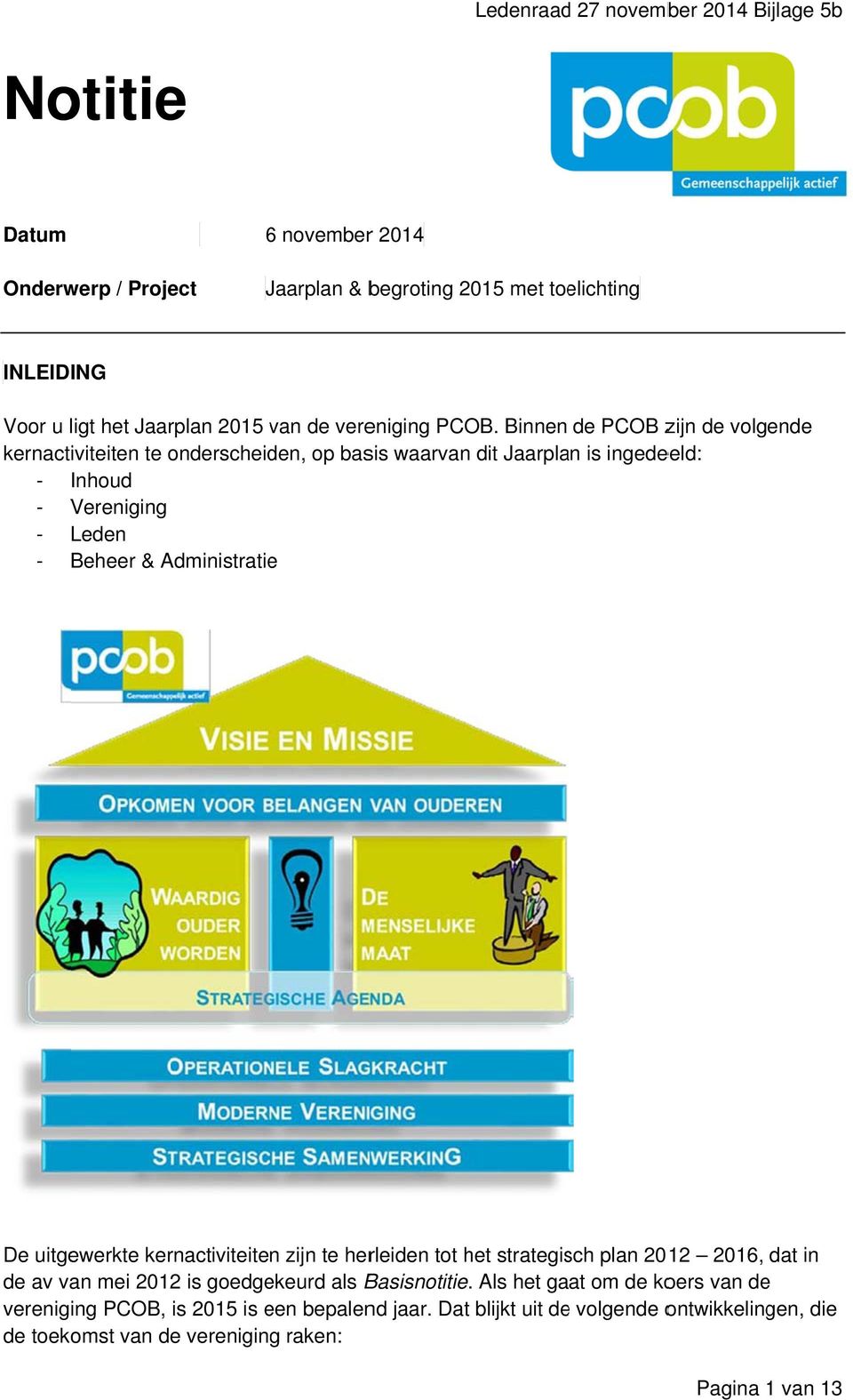 Binnen de PCOB zijn de volgende kernactiviteiten te onderscheiden, op basis waarvan dit Jaarplan is ingedeeld: - Inhoud - Vereniging - Leden - Beheer & Administratie De