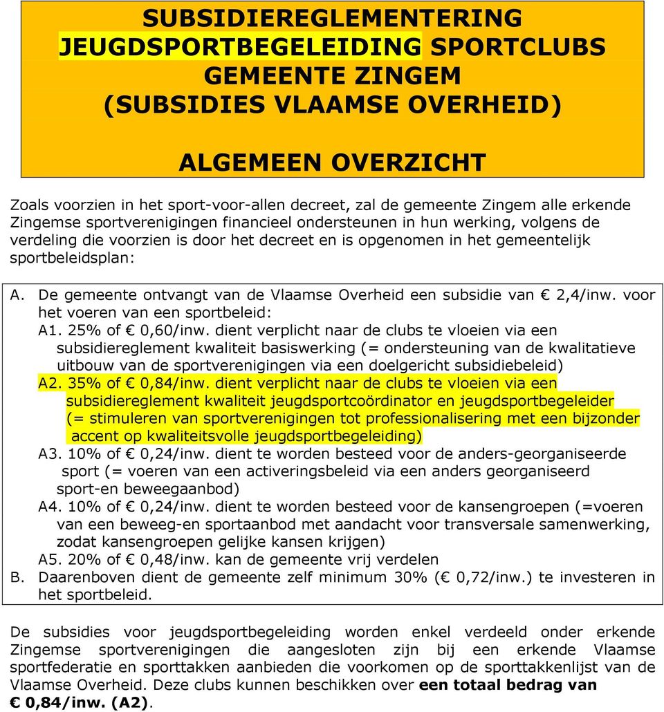 De gemeente ontvangt van de Vlaamse Overheid een subsidie van 2,4/inw. voor het voeren van een sportbeleid: A1. 25% of 0,60/inw.
