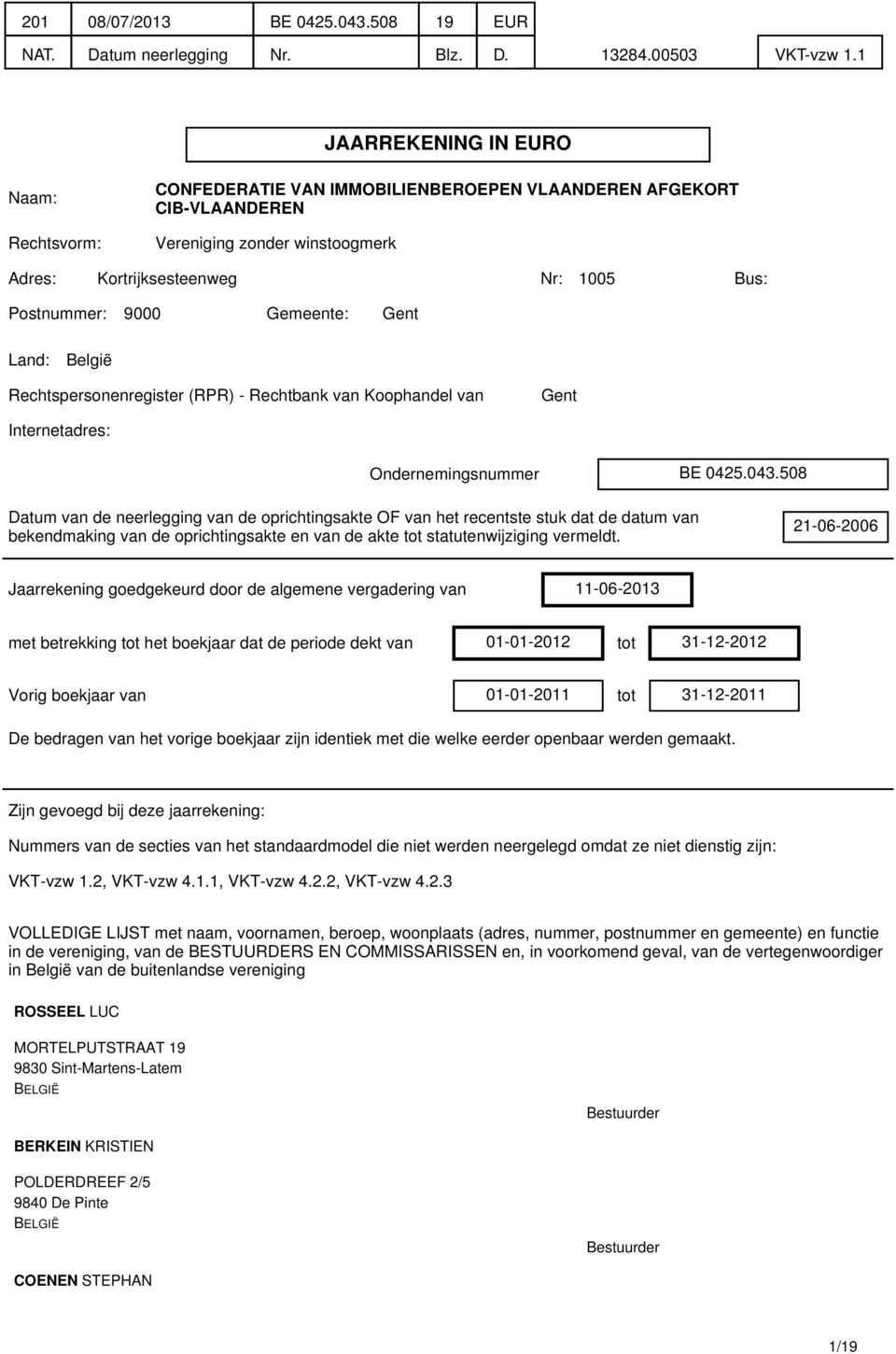 Gemeente: Gent Land: België Rechtspersonenregister (RPR) - Rechtbank van Koophandel van Gent Internetadres: Ondernemingsnummer BE 0425.043.